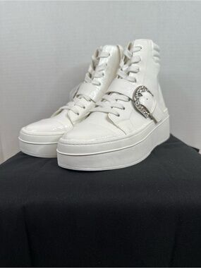 Gianni Bini White Platform High-Top Sneakers with Jeweled Buckle, size 8